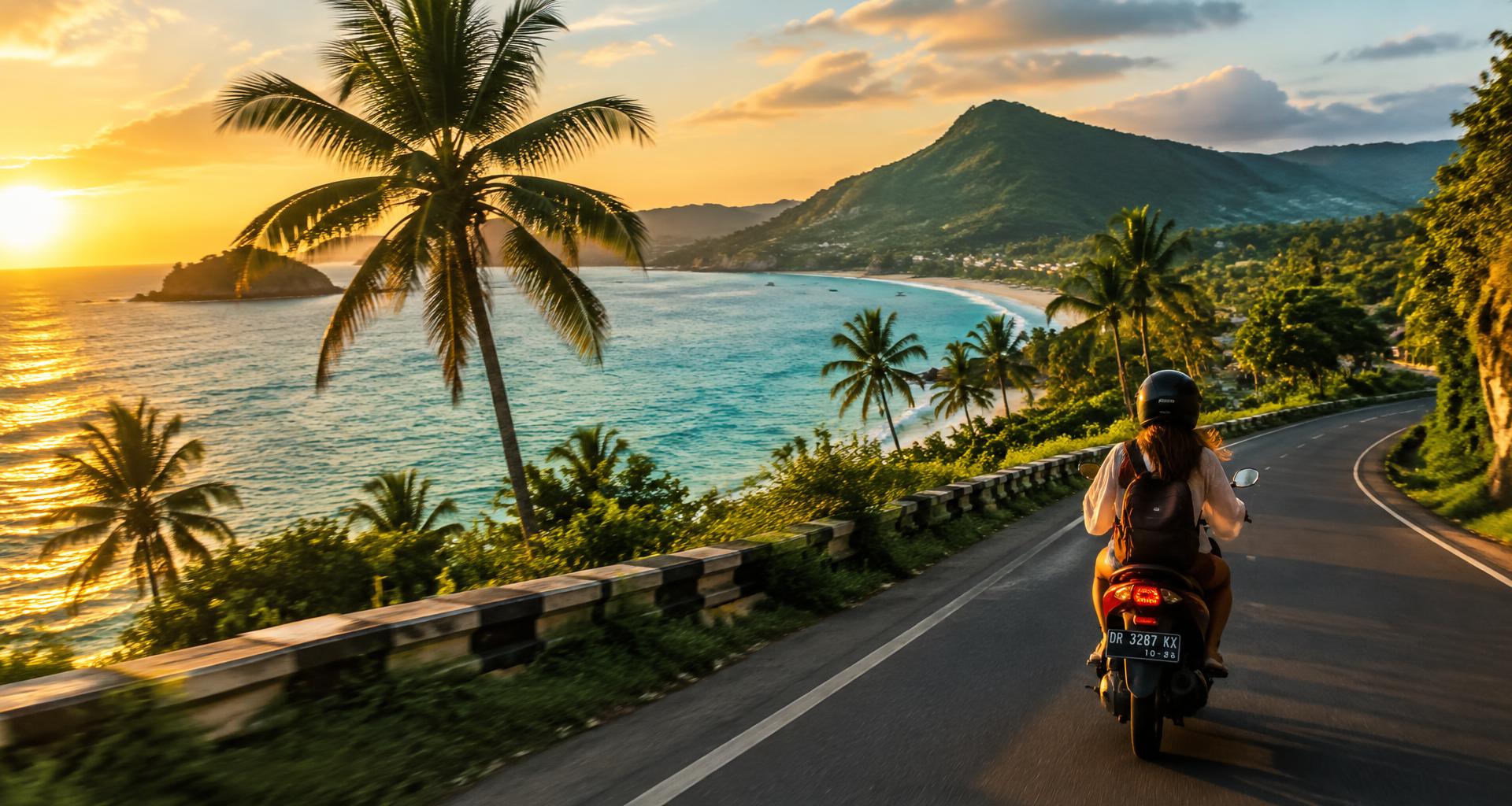 Riding a scooter along the Lombok coast at golden hour